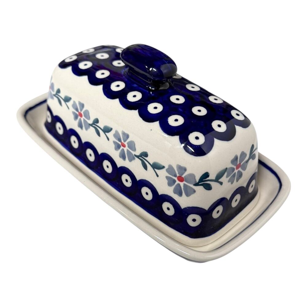 NEW Boleslawiec BUTTER DISH Poland Pottery Peacock Forget Me Not Floral 7.75” - Picture 7 of 9